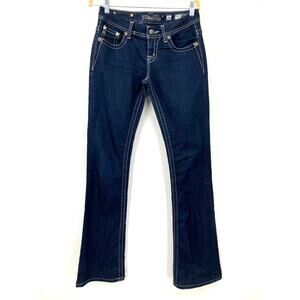 Miss Me Dark Blue Wash Easy Boot Sequin Stretch Flap Pockets Bootcut Jeans Pants